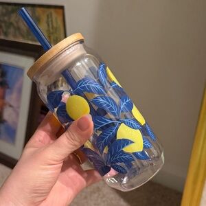 Leaf Pattern Glass Tumbler with Straw